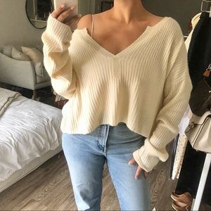 Lovers + Friends Cozy Knit Vneck Sweater in Ivory XL